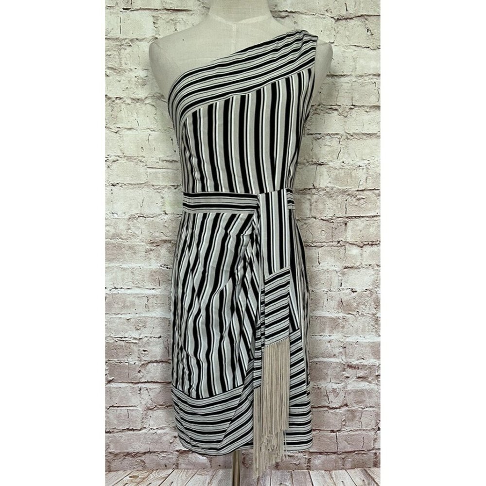BCBGMaxazria Dress XS Black Beige Striped Silk Sheath One Shoulder Mini Dress